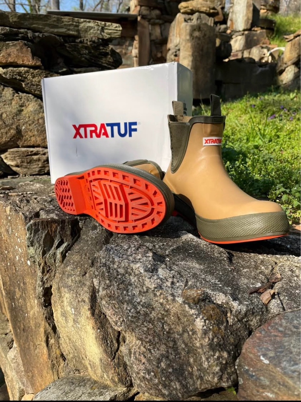 XTRATUF Women’s Short Ankle Rain Boots in Tan with Orange Sole